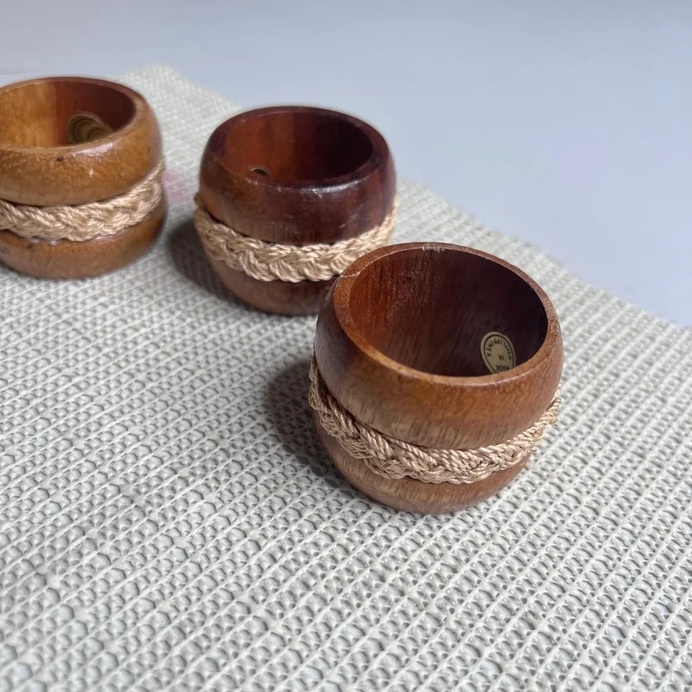 Vintage Wood Napkin Rings Set of 4 Woven Jute Inlay Boho Rustic Philippines‎